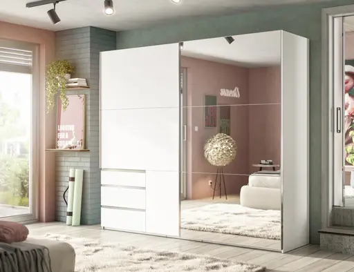 Schwebetürenschrank- B ca. 250 cm, Weiß, Spiegel