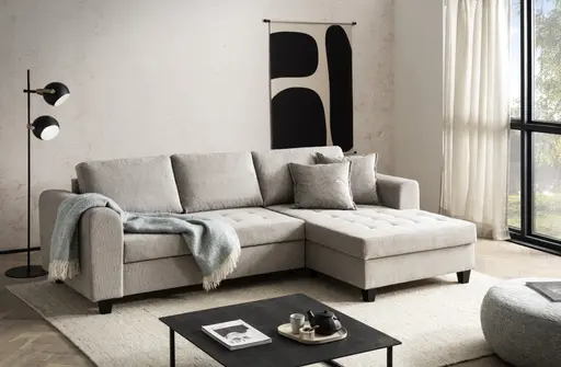 Ecksofa - 2-Sitzer, Ecke rechts inkl. Schlaffunktion mit Bettkasten, Stoff, Steingrau