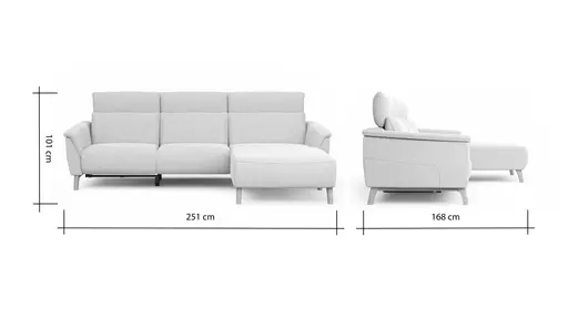 Ecksofa Nevin - 2-Sitzer mit Longchair rechts, inkl. Relaxfunktion (motorisch) und Kopfpolsterverstellung, Stoff, Weiß