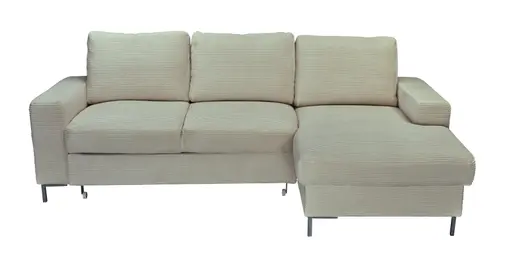 Ecksofa - 2-Sitzer mit Longchair rechts, Schlaffunktion mit Bettkasten, Stoff, Creme