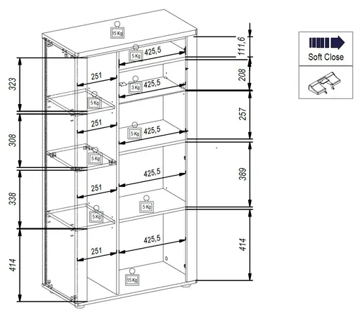 Highboard - mit Beleuchtung, B ca. 78 cm, Eiche Nachbildung, Eiche dunkel Nachbildung