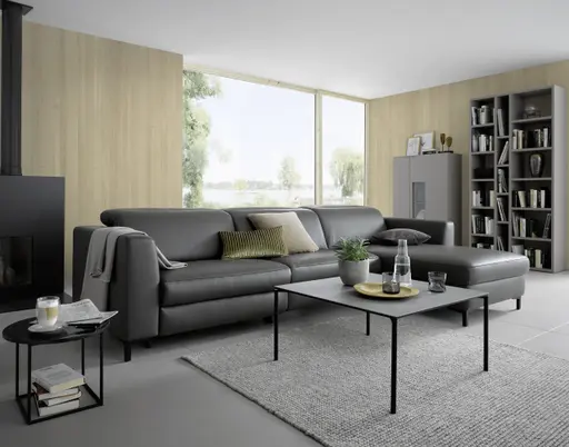 Ecksofa Rafaela - 3-Sitzer mit Longchair rechts, Leder, Grau