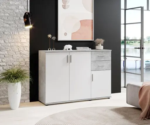 Kommode - B ca. 120 cm, Betonoptik, Weiß