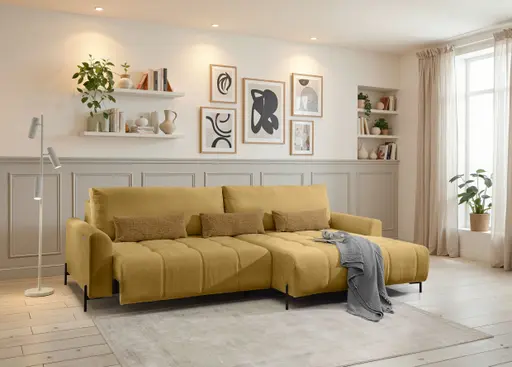 Ecksofa - 2-Sitzer mit Longchair rechts, Sitztiefe verstellbar motorisch, Stoff, Senfgelb