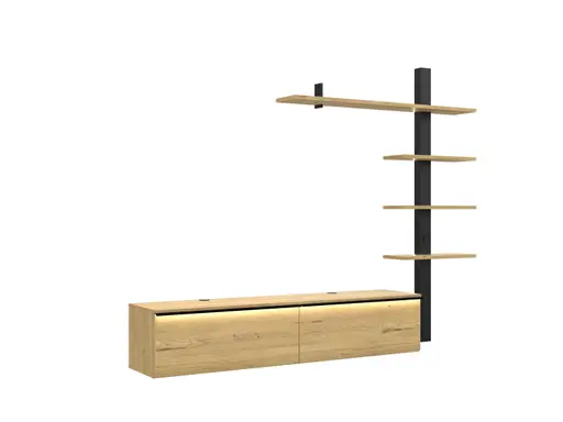 Wohnwand - mit Beleuchtung, B ca. 228 cm, Gustavson Oak Nachbildung, Schwarz