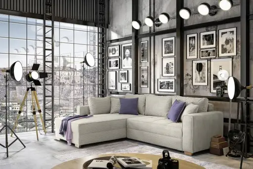 Ecksofa JAMELL - 2,5-Sitzer, Ecke rechts inkl. Schlaffunktion mit Bettkasten, Stoff, Graubeige