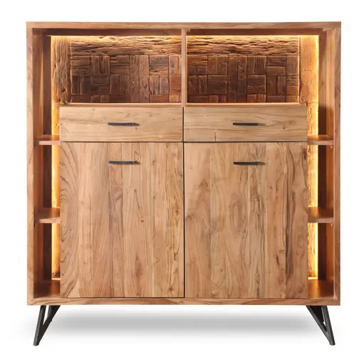 Highboard - mit Beleuchtung, B ca. 145 cm, Akazie massiv