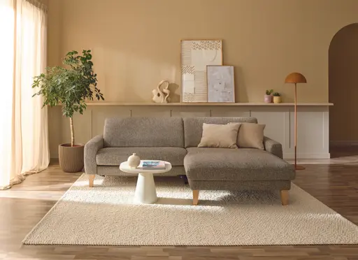 Ecksofa Aracena - 1,5-Sitzer XXL mit Longchair rechts, Stoff, Nougat