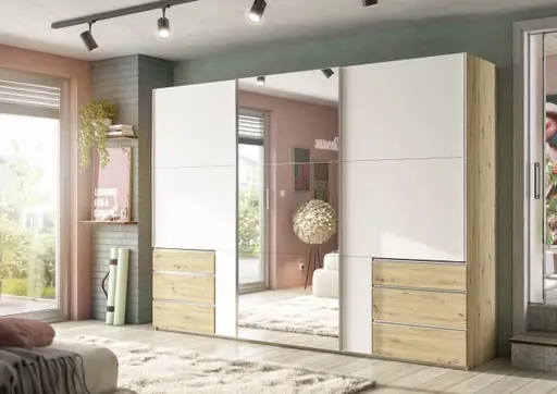 Schwebetürenschrank- B ca. 300 cm, Eiche Dekor, Weiß, Spiegel