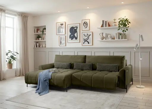 Ecksofa - Longchair links mit 2-Sitzer, Sitztiefe verstellbar motorisch, Stoff, Dunkelgrün