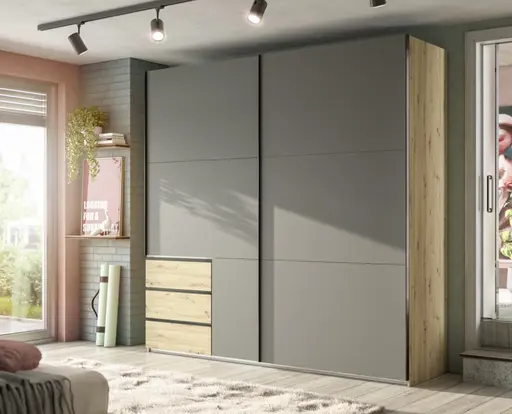 Schwebetürenschrank- B ca. 250 cm, Eiche Dekor, Graphit