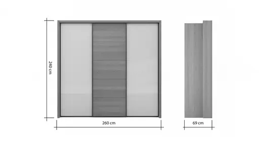 Schwebetürenschrank Lenoso -  B. ca. 260 cm, Eiche massiv, Glas, Champagner