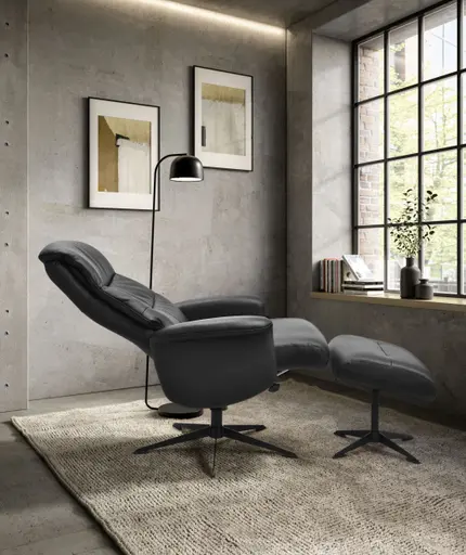 TV-Sessel MENNIS mit Hocker - drehbar, Relaxfunktion, Kopfteilverstellung, Leder, Schwarz