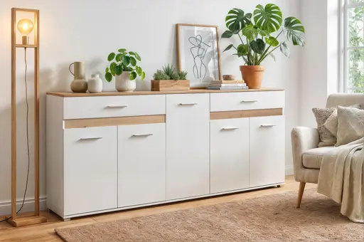 Sideboard- Weiß, Eiche Dekor