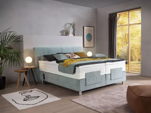 Boxspringbett EM Udine - mit motorischer Verstellung, Liegefläche ca. 180x200 cm, Stoff, graublau