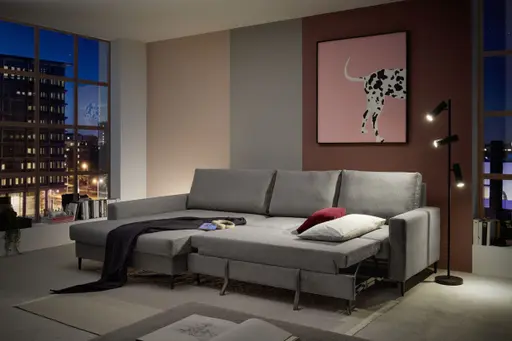 Ecksofa - Longchair links mit 3-Sitzer, Schlaffunktion mit Bettkasten, Stoff, Eisengrau