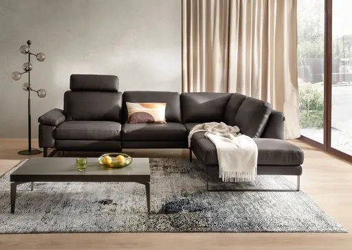 Ecksofa Enna - 3-Sitzer mit Ecke rechts inkl. motorischer Relaxfunktion, Leder, Mocca