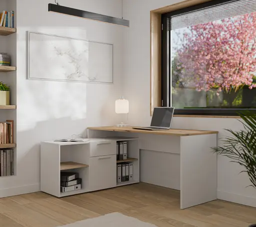 Schreibtisch- LB ca. 160x128 cm, Weiß, Eiche Dekor