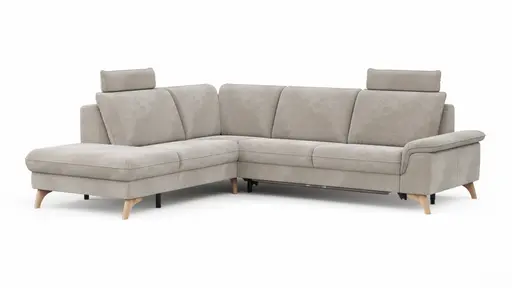 Ecksofa Tulsa KS - 1,5-Sitzer mit Anstellhocker aufklappbar links, Spitzecke und 2,5-Sitzer rechts, inkl. Kopfstütze, AL verstellbar und Schlaffunktion, Stoff, Graubeige