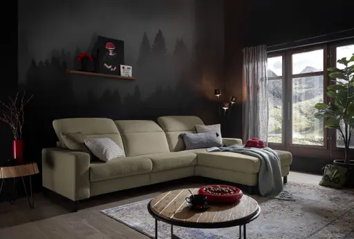 Ecksofa - CALM FLEX 2.0, 3-Sitzer mit Longchari rechts, Kopfteil verstellbar, Stoff, Beige