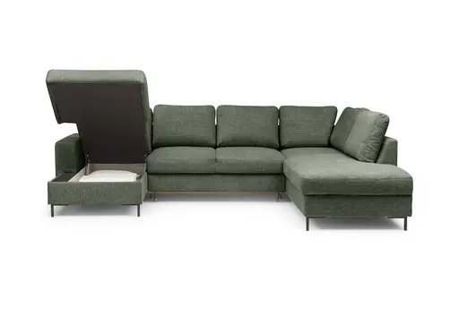 Wohnlandschaft - Longchair links mit 2-Sitzer und Ecke rechts, Stoff, Dunkelgrün