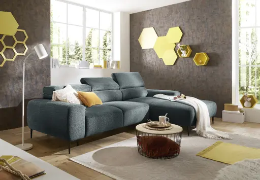 Ecksofa - 2-Sitzer mit Longchair rechts, Sitzvorzug motorisch, Kopfteil verstellbar, Stoff, Blaugrün