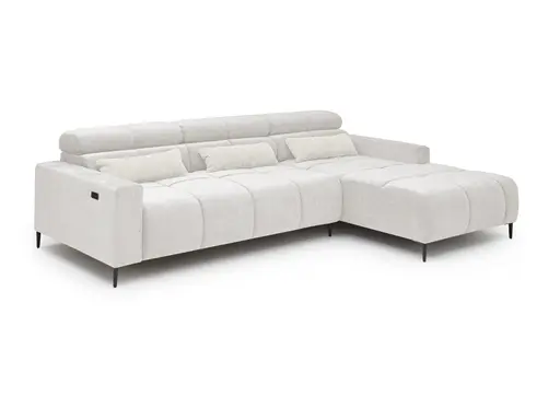Ecksofa - 2-Sitzer mit Longchair rechts, Sitztiefe verstellbar motorisch/Kopfteil verstellbar, Stoff, Creme