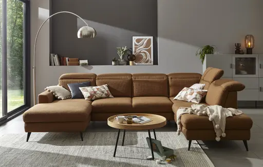 Wohnlandschaft Alegria - Longchair links mit 2,5-Sitzer und Ecke rechts inkl. Kopfteil/ Sitztiefe verstellbar, Stoff, Kurkuma