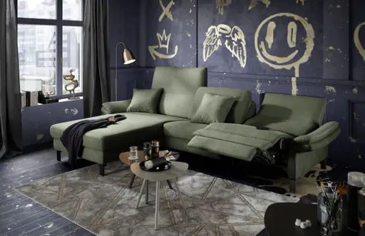 Ecksofa CALM PREMIUM 2.0 - Longchair links mit 3-Sitzer, Relaxfunktion motorisch, Armlehne verstellbar, Stoff, Dunkelgrün
