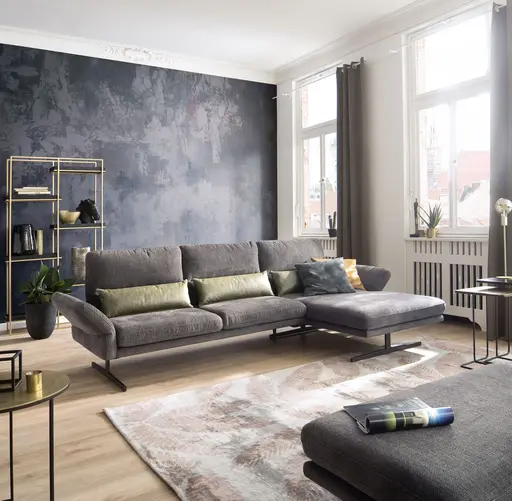 Ecksofa Alexander -  3-Sitzer mit Longchair rechts inkl. Kopfstütze/Armlehne verstellbar, Stoff, Braungrün