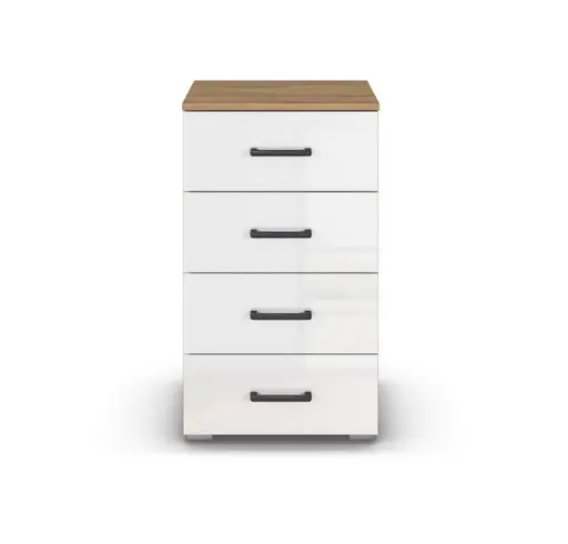 Kommode RHONDA- Eiche Dekor, Weiß, Hochglanz