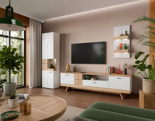 TV-Lowboard - B ca. 216 cm, Alpinweiß, Coast Evoke Eiche Nachbildung, Weiß Hochglanz