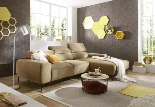 Ecksofa - 2-Sitzer mit Longchair rechts, Sitzvorzug motorisch, Kopfteil verstellbar, Stoff, Senfgelb