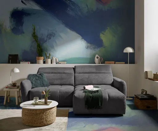 Ecksofa MADAN - 1,5-Sitzer mit Longchair rechts, Sitztiefe verstellbar motorisch, Kopfteil verstellbar, Stoff, Graphite