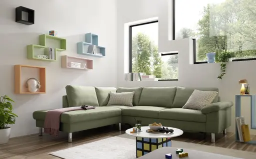 Ecksofa COOL - Ecke links mit 2,5-Sitzer, Querschläfer, Stoff, Hellgrün