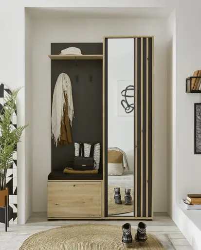 Kompaktgarderobe- Eiche Dekor, Schwarz