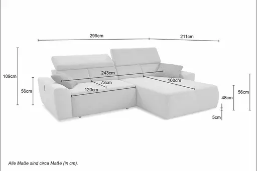 Ecksofa JYTTE - Sofa 2-sitzig mit Longchair rechts, Stoff, Grau