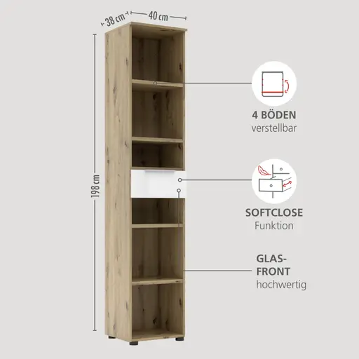Büroregal - B ca. 40 cm, Artisan Eiche Nachbildung, Weiß