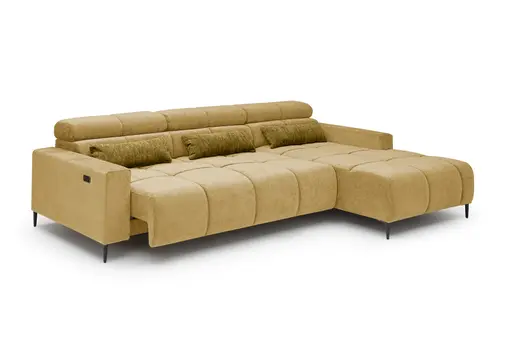 Ecksofa - 2-Sitzer mit Longchair rechts, Sitztiefe verstellbar motorisch/Kopfteil verstellbar, Stoff, Senfgelb