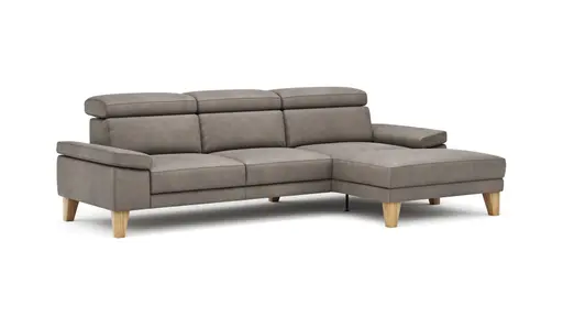 Ecksofa Hudson - 2,5-Sitzer mit Longchair rechts inkl. Kopfteil verstellbar, Stoff, Steingrau