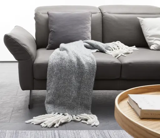 Ecksofa Rockport B - 2,5-Sitzer mit Longchair rechts inkl. Kopfteil/Sitztiefe/Armlehne verstellbar, Leder, Grau