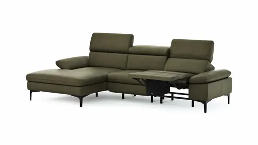 Ecksofa Felipa - Longchair links mit 2,5-Sitzer inkl. Armlehne verstellbar und Rückenlehne/Sitztiefe verstellbar (motorisch), Leder, Olive