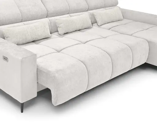 Ecksofa - 2-Sitzer mit Longchair rechts, Sitztiefe verstellbar motorisch/Kopfteil verstellbar, Stoff, Creme