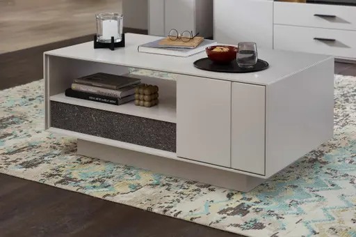 Couchtisch - mit Schubkasten, LBH ca. 110x60x45 cm, Creme Lack, Absetzung: Granit Steinfurnier