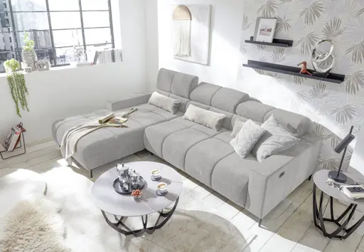 Ecksofa - Longchair links mit 2-Sizer, Sitztiefe verstellbar motorisch/Kopfteil verstellbar, Stoff, Silbergrau