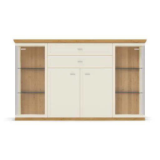 Highboard Monda - Lack hellbeige, Eiche furniert