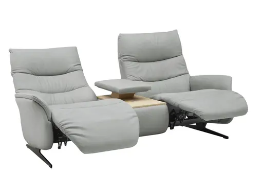 Sofa EM Lun - 2,5-Sitzer, Tisch mit Kissen, Relaxfunktion, Kopfteilverstellung, Leder, grau