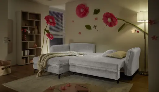 Ecksofa - Longchair links mit 2-Sitzer, Schlaffunktion mit Bettkasten, Stoff, Creme