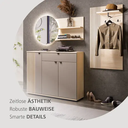 Garderobe - mit Beleuchtung, Riva Eiche Nachbildung, Basalt