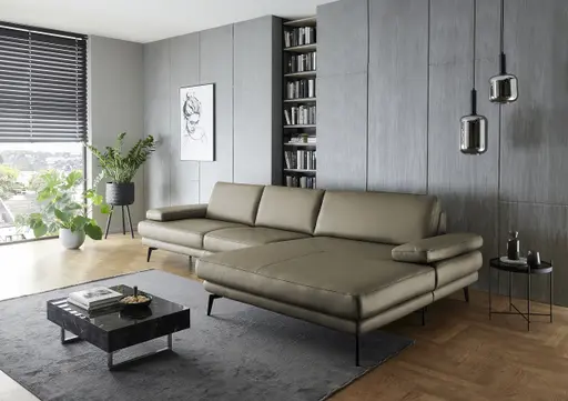 Ecksofa - 3-Sitzer mit Longchair rechts, Leder, Dunkelgrün